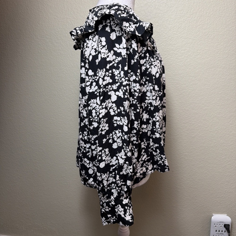 Zara Floral Ruffle Shirt Medium Womens Boho Flowy Pleated Balloon Sleeve Blouse - Picture 2 of 6